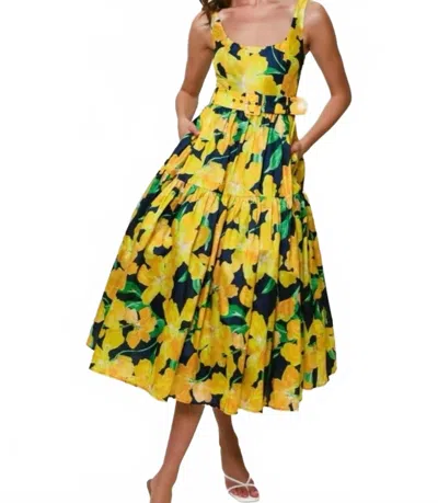 Hutch Scoop Neck Belted Midi Sundress In Yellow/multi