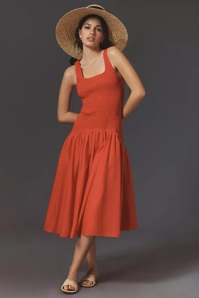 Hutch Sleeveless Smocked Drop-waist Midi Dress In Red