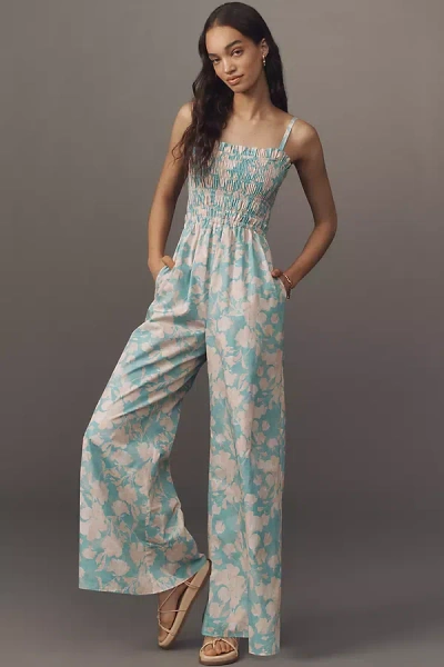 Hutch Sleeveless Smocked Vintage Floral Wide-leg Jumpsuit In Blue