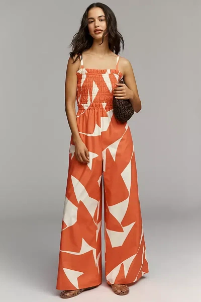 Hutch Sleeveless Smocked Vintage Floral Wide-leg Jumpsuit In Orange