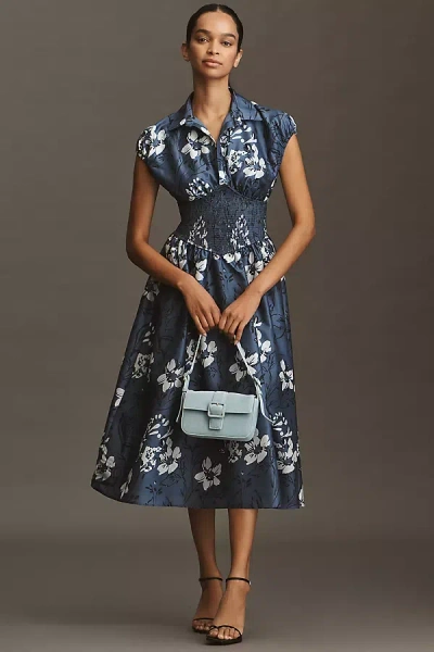Hutch Smocked-waist Short-sleeve Midi Dress In Blue