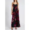 Hutch Sonnie Floral Velvet Burnout Strapless Jumpsuit In Black Floral