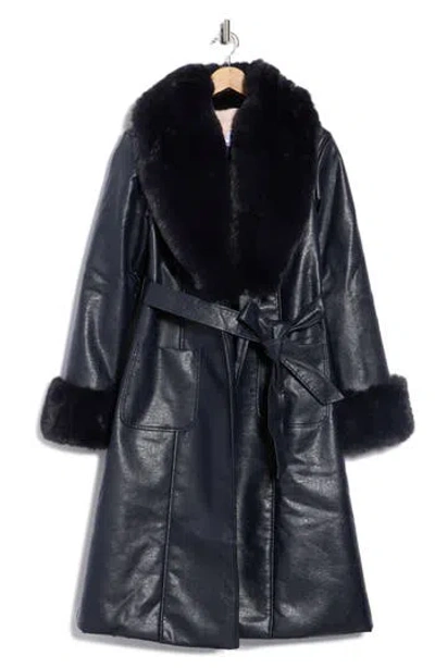 Hutch Stevie Faux Fur & Faux Leather Coat In Blue