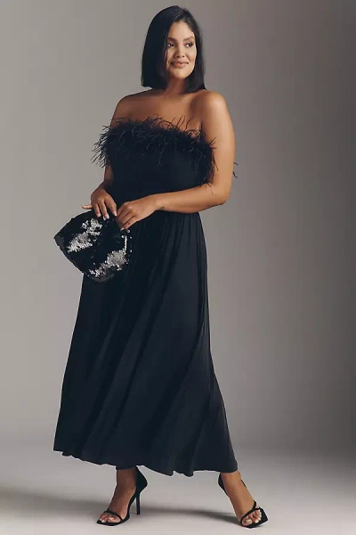 Hutch Strapless Faux Feather Midi Dress In Black