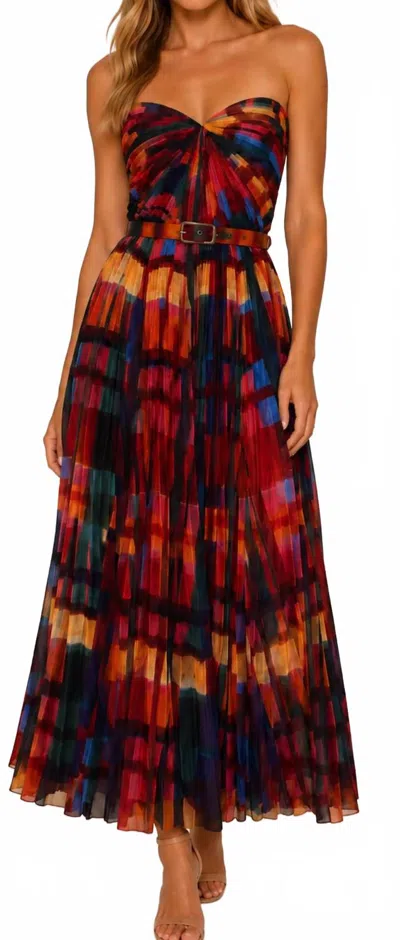 Hutch Strapless Pleated Printed Belted Midi Dress In Blue/red Multi