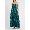 Hutch Strapless Tiered Tulle Gown In Green