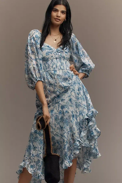 Hutch Twist-front Smocked Midi Dress In Blue