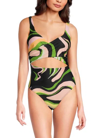 Hutch Women's Abstract Cutout Wrap One Piece Swimsuit In Green Multi