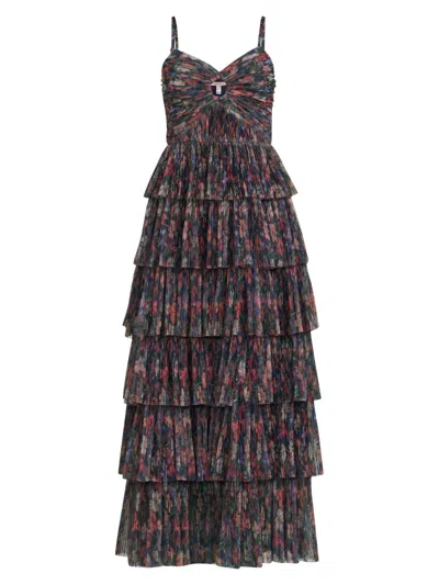 Hutch Rosey Floral Gathered Tiered Evening Gown In Navy Tropical Garden In Multi