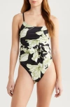 Hutch Zenna Tie Waist One-piece Swimsuit In Black Dramatic Vining Iris