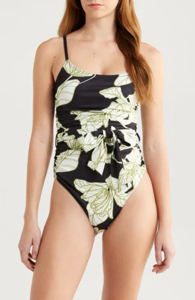 Hutch Zenna Tie Waist One-piece Swimsuit In Black Dramatic Vining Iris