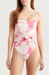 Hutch Zenna Tie Waist One-piece Swimsuit In Coral Block Print Plumeria
