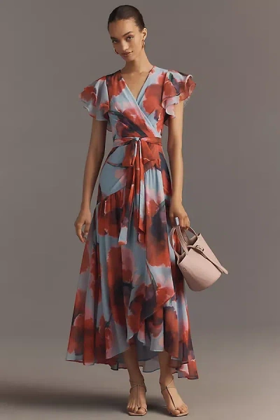 Hutch Zola Short-sleeve Ruffle Wrap Midi Dress In Multi