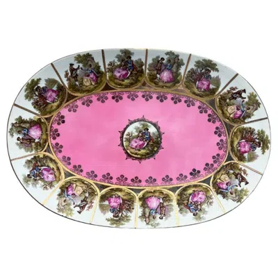 Pre-owned Hutschenreuther Large Antique Pink And Gold Porcelain Courting Platter With Fragonard Scenes
