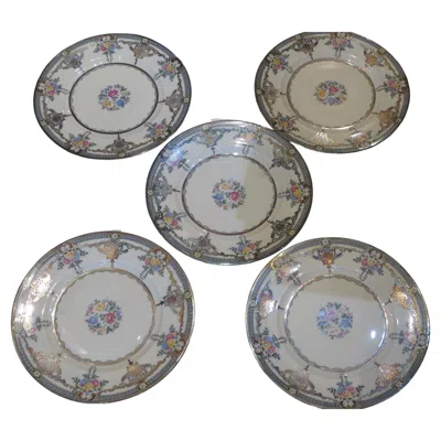 Pre-owned Hutschenreuther Rare Set Of 5 Beautiful Crown Lion Ivory Large Dinner Silver Overlay Plates Selb In White