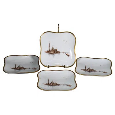 Pre-owned Hutschenreuther Set Of 4 Small Porcelain Plates Hand-painted Venice, 1950s In Gray