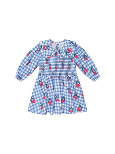Huxbaby Cherry Gingham Shirred Dress In Blue