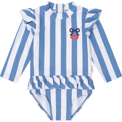 Huxbaby Kids'  Vintage Stripe Cherry Peplum Swimsuit In Blue