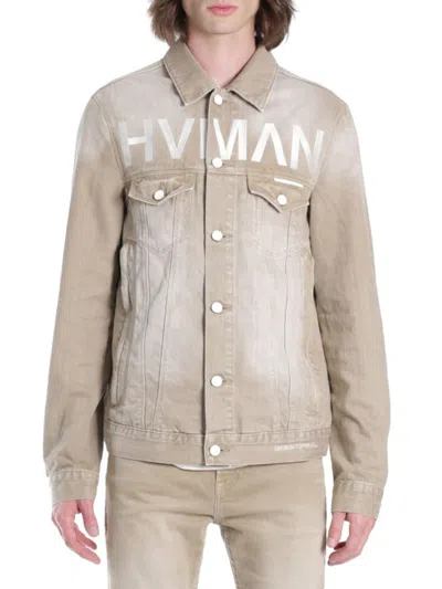 Hvman Men's Logo Faded Denim Trucker Jacket In Khaki
