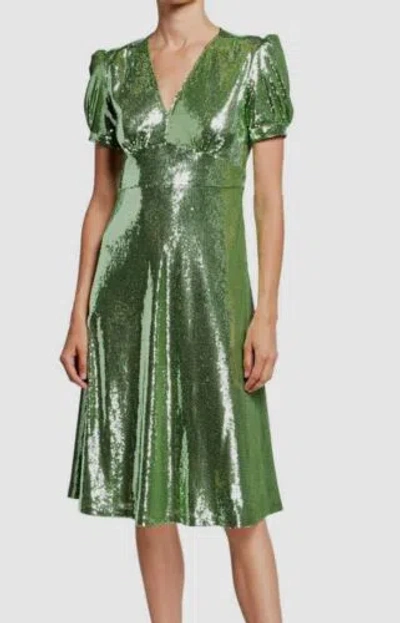 Pre-owned Hvn $745  Women's Green Paula Deep V-neck Sequined A-line Dress Size 0