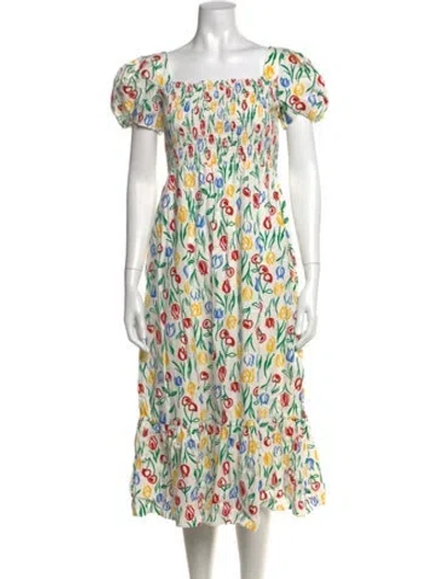 Pre-owned Hvn Floral Print Midi Length Dress In White
