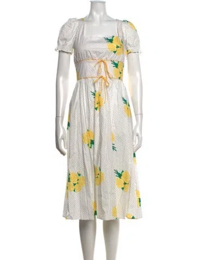 Pre-owned Hvn Floral Print Midi Length Dress In White