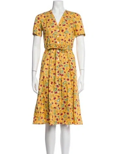Pre-owned Hvn Floral Print Midi Length Dress In Yellow