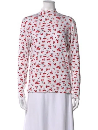 Pre-owned Hvn Floral Print Mock Neck Top In White