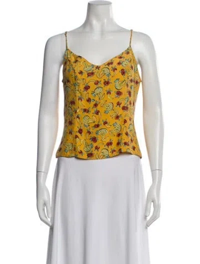 Pre-owned Hvn Graphic Print V-neck Top In Yellow