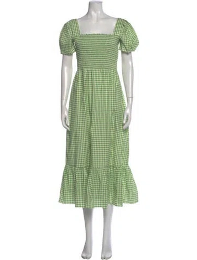 Pre-owned Hvn Plaid Print Long Dress In Green