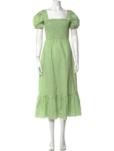 Pre-owned Hvn Plaid Print Midi Length Dress In Green