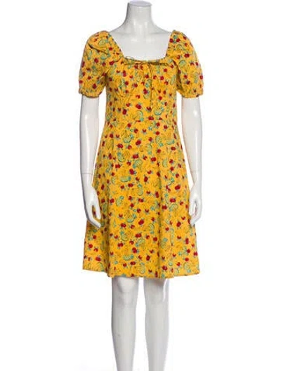 Pre-owned Hvn Printed Knee-length Dress In Yellow