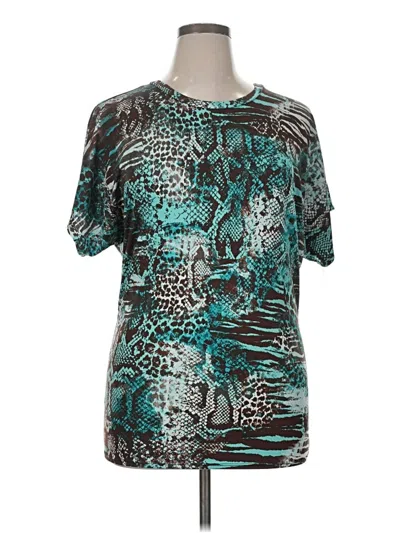 Pre-owned Hybrid & Company Short Sleeve Top Teal Animal Print Pattern Crew Neck Tops In Blue