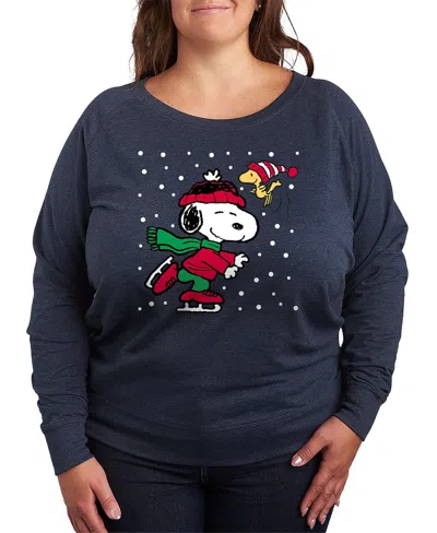 Hybrid Apparel Christmas Snoopy Woodstock Ice Skate Women's French Terry Long Sleeve Shirt In Blue