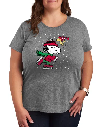 Hybrid Apparel Christmas Snoopy Woodstock Ice Skate Women's Short Sleeve Graphic T-shirts In Gray