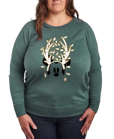 Hybrid Apparel Disney Mickey Mouse Antlers Ans Christmas Lights Women's French Terry Long Sleeve Shirt In Green