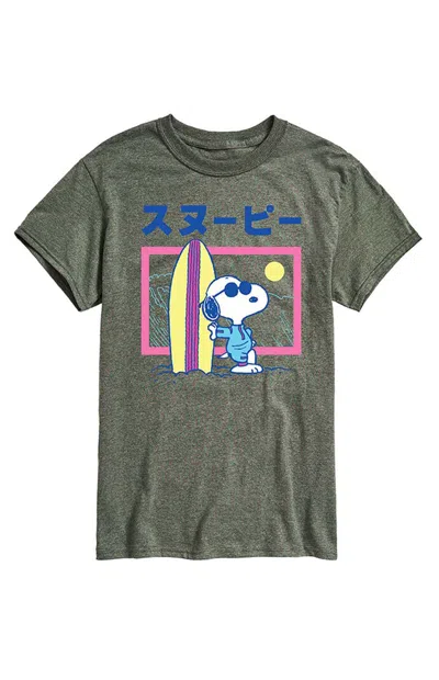 Hybrid Apparel Men's Peanuts Snoopy Beach Scene T-shirt In Green Heather