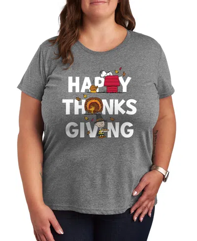 Hybrid Apparel Peanuts Snoopy Ans Chrlie Brown Happy Thanksgiving Women's Short Sleeve Graphic T-shirts In Gray