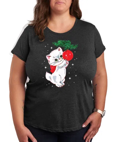 Hybrid Apparel Plus Size Christmas Kitty Graphic Tee In Grey
