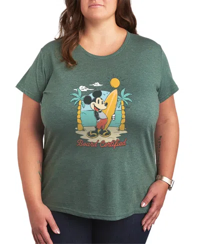 Hybrid Apparel Plus Size Disney Surfboard Certified Mickey Short-sleeve Graphic T-shirt In Green