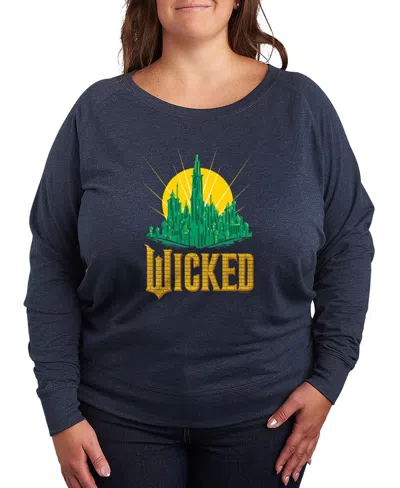 Hybrid Apparel Plus Size French Terry Long Sleeve Pullover Top In Blue