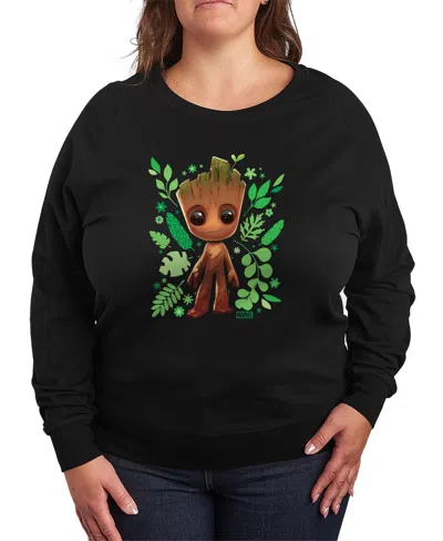 Hybrid Apparel Plus Size Guardians Of The Galaxy Baby Groot Leaf French Terry Long-sleeve T-shirt In Black