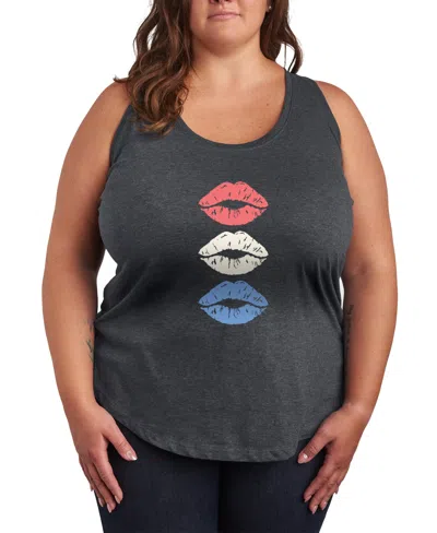 Hybrid Apparel Plus Size Instant Message Red White Blue Lips Racerback Graphic Tank Top In Gray