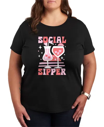 Hybrid Apparel Plus Size Instant Message Social Sipper Short-sleeve Graphic T-shirt In Black