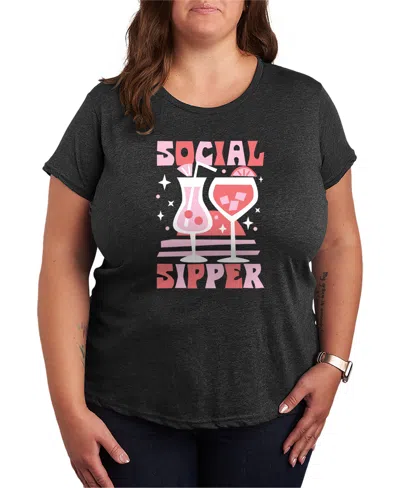 Hybrid Apparel Plus Size Instant Message Social Sipper Short-sleeve Graphic T-shirt In Black