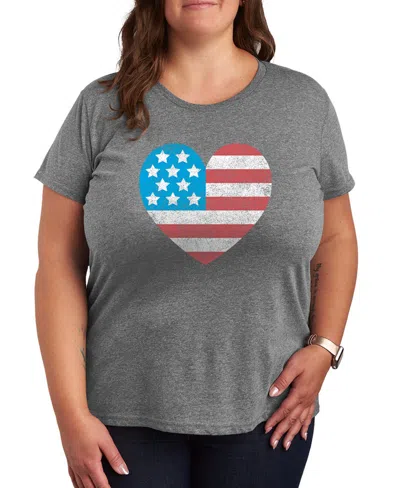 Hybrid Apparel Plus Size Instant Message Usa Flag Heart Graphic Crewneck T-shirt In Gray