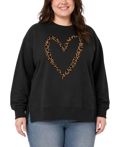Hybrid Apparel Plus Size Leopard-print Heart Graphic Long-sleeve Sweatshirt In Black