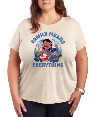 Hybrid Apparel Plus Size Lilo Stitch Family Means Everything Graphic T-shirt In Beige,khaki
