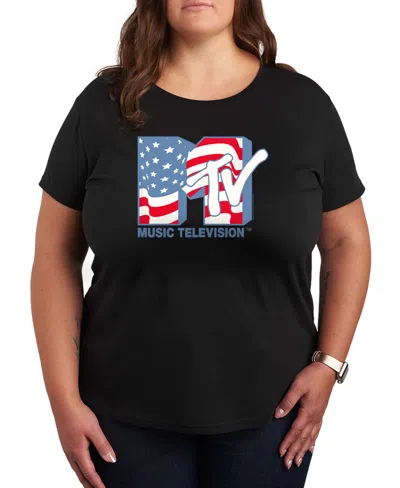 Hybrid Apparel Plus Size Mtv American Flag Logo Graphic Crewneck T-shirt In Black
