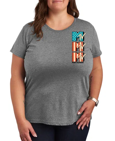 Hybrid Apparel Plus Size Mtv Logo Usa Flag Short-sleeve Graphic T-shirt In Gray